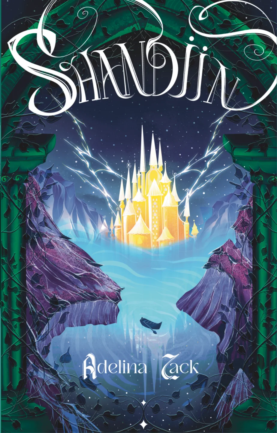fantasy book cover design shown both flat and as a floating hardcover mockup. The artwork centers on a radiant castle rising from misty turquoise water, surrounded by jagged violet rock formations and framed by an ornate green gothic arch. White lightning stretches across the dark sky, while elegant hand-lettered typography adds a dramatic, enchanted feel.