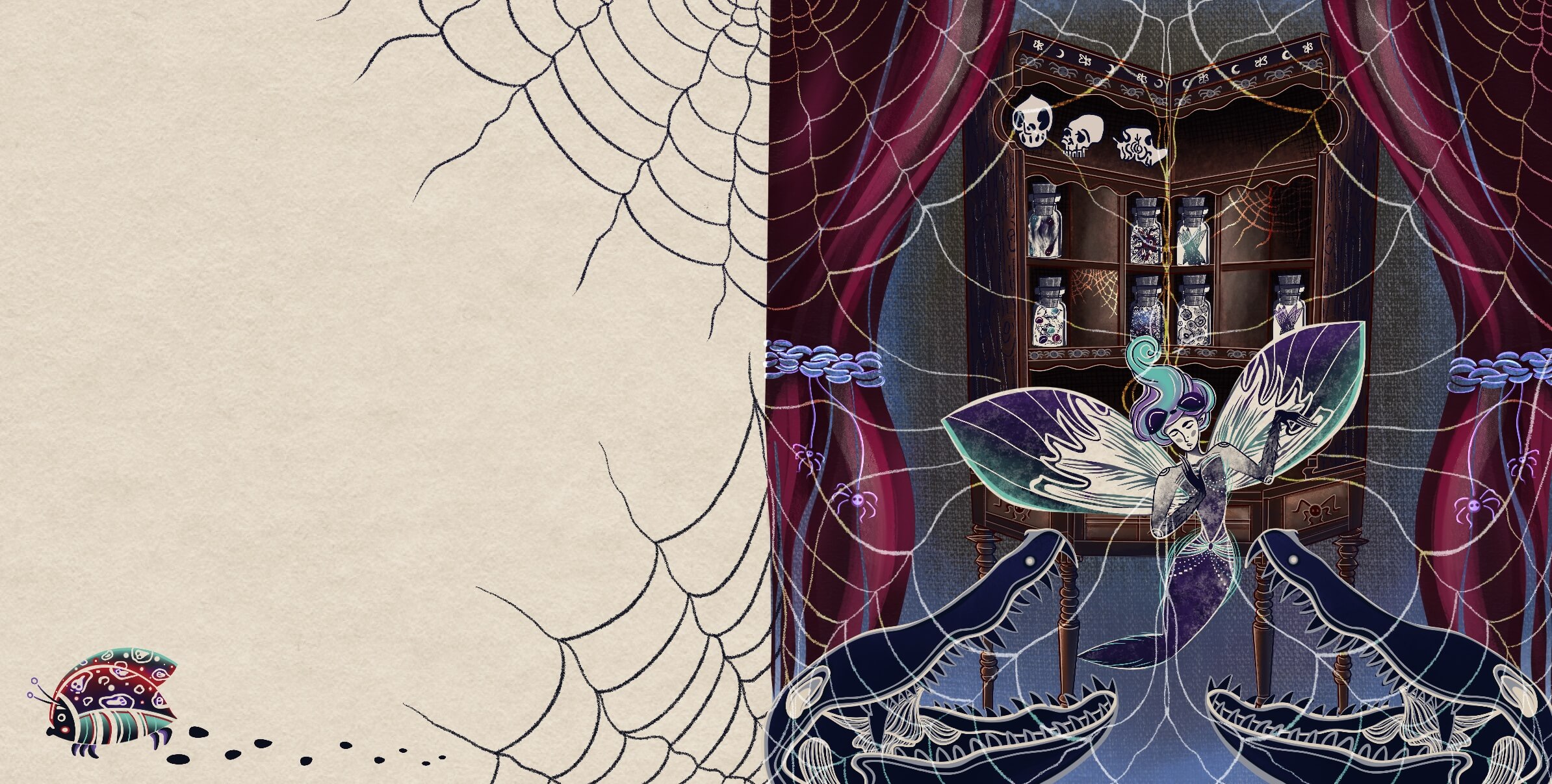 Best children's story for Halloween, the Fly trapped in the old cabinet with skulls jared fly wings eyes and spider webs