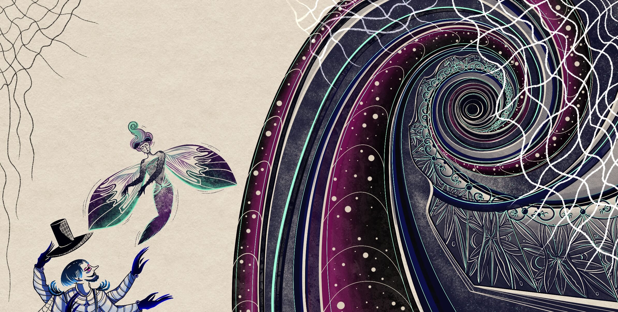 A Spider and a Fly characters and the winding stairs that creates an optical illusion of movement children's illustration
