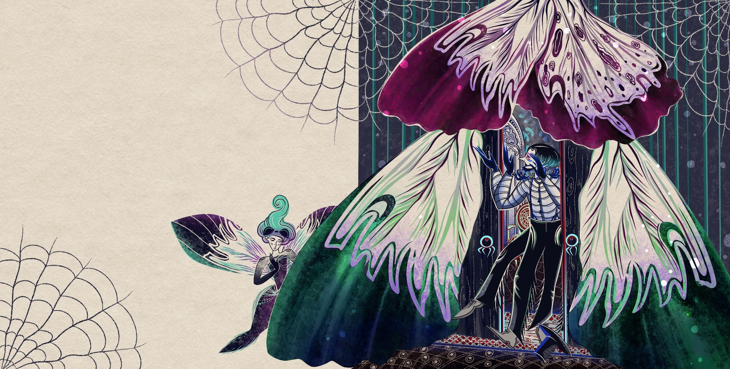 Halloween artwork of A Spider luring A Fly who is hiding behind the butterfly's wings curtains