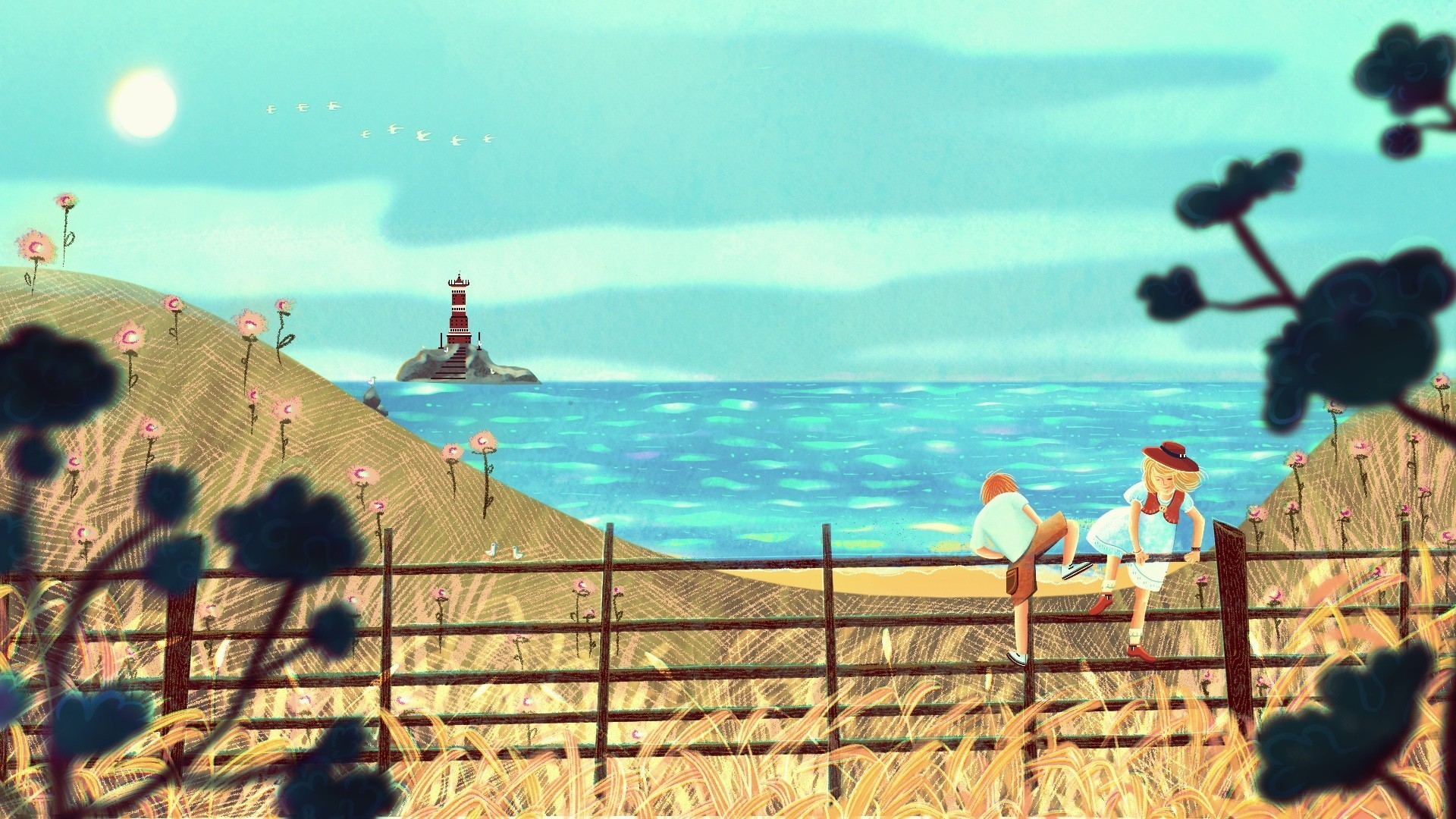 Children's book spread illustration of a boy and a girl on summer holidays jumping from fence to reach the seashore