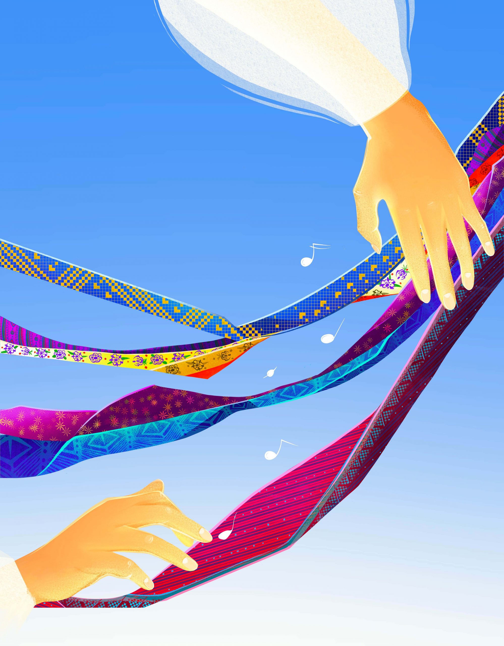 Hands softly touching colorful embroidered laced ribbon that make sounds decorative poster design