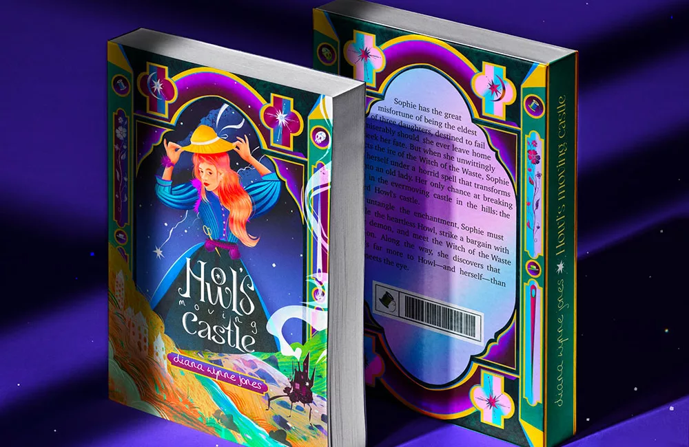 Howls moving castle redhead girl character in colorful landscape paperback cover art mockup