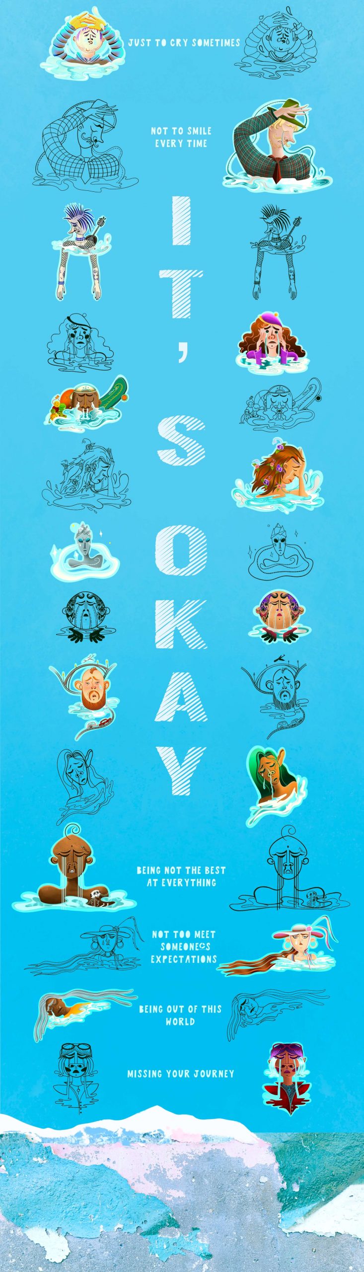 Crying is ok different cartoon characters crying stickers set