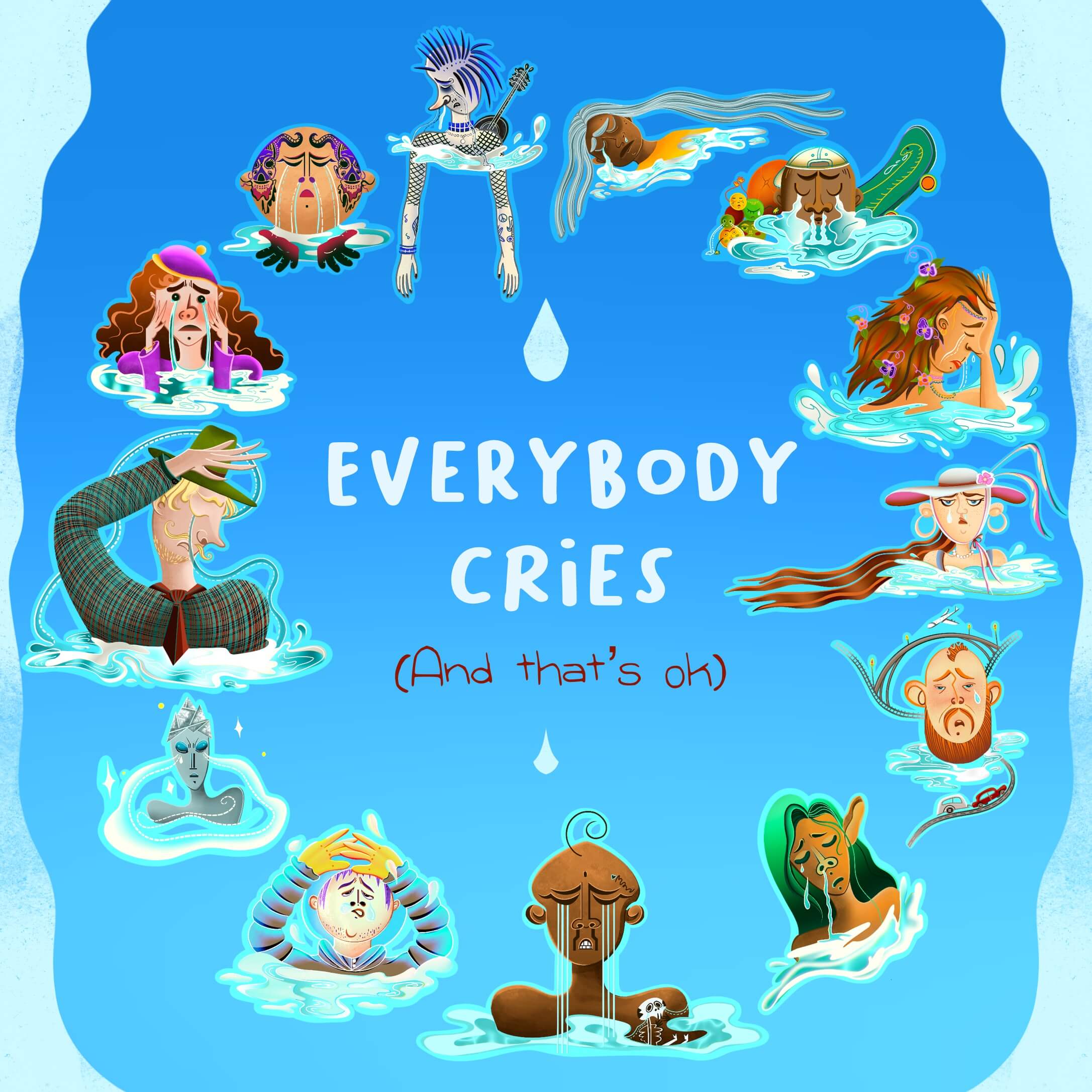 Everybody cries funny stickers set cartoon characters: a punk kid, alien, yakuza, fairy lady, skater, artist, traveller