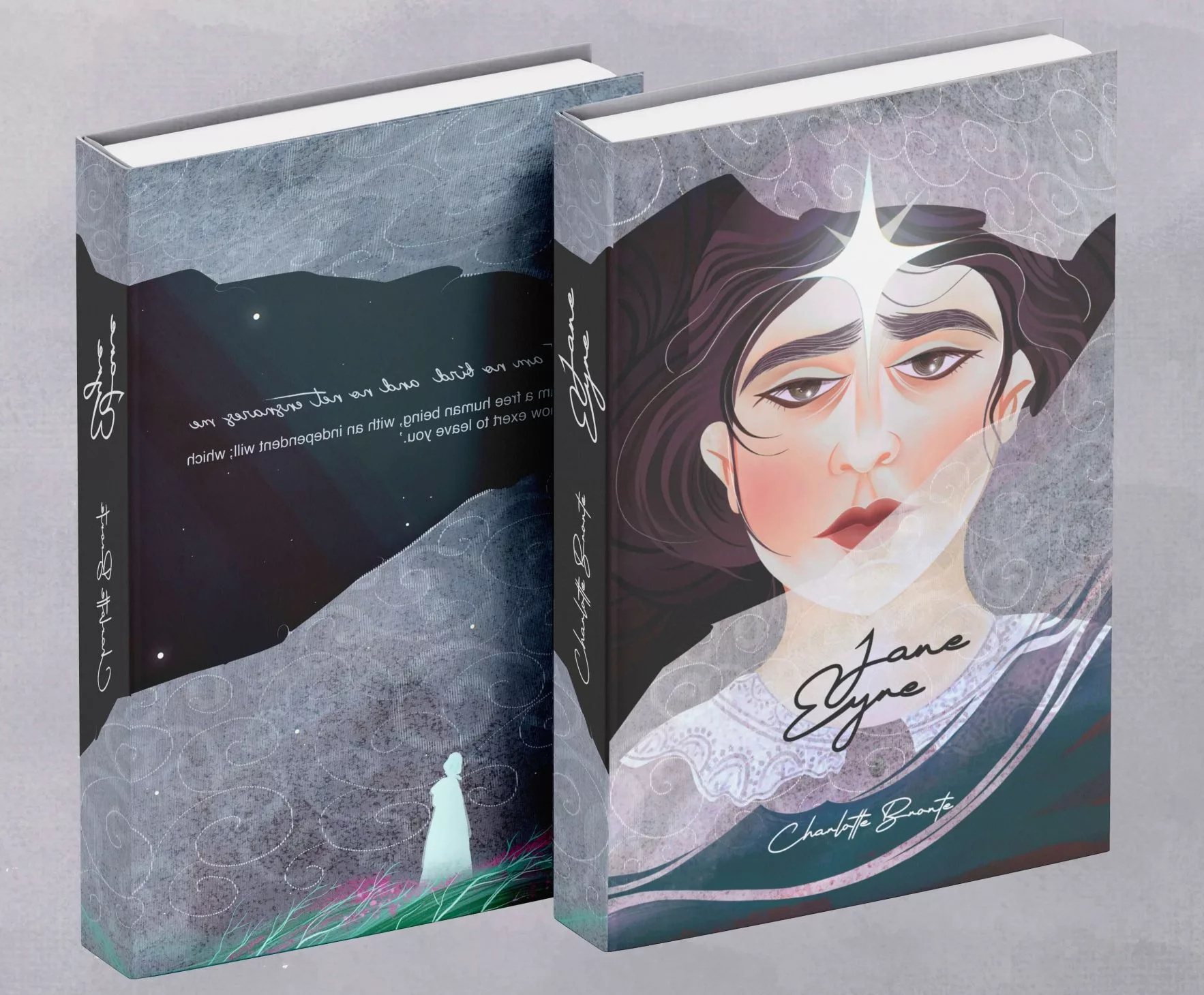 Jane Eyre, a portrait of a sad woman with Evening Star on her forehead book cover visualisation
