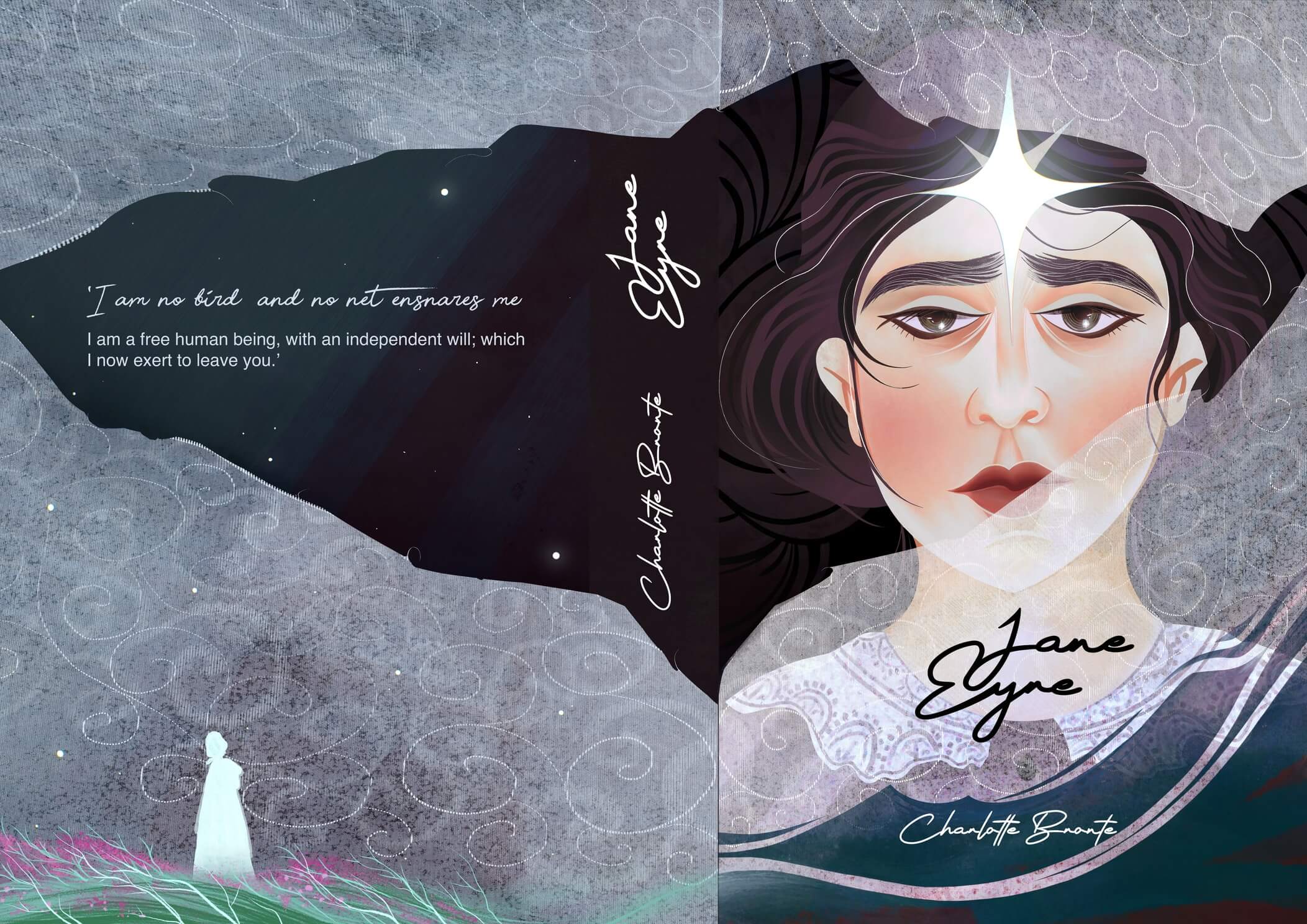 Jane Eyre a portrait and a distant woman figure front and back book cover design