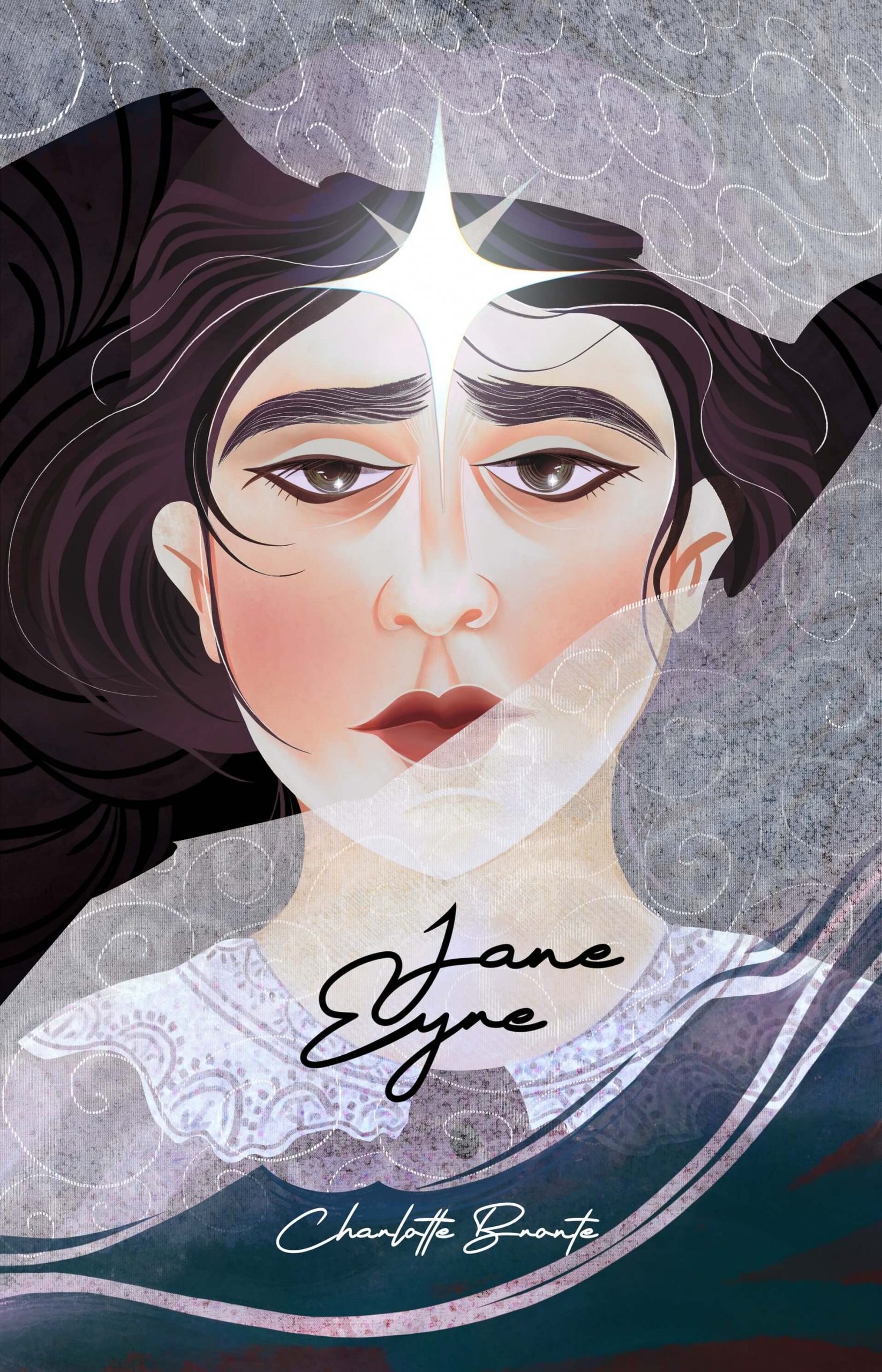 Jane Eyre portrait referring to Latmos character with a star on her forehead book cover art