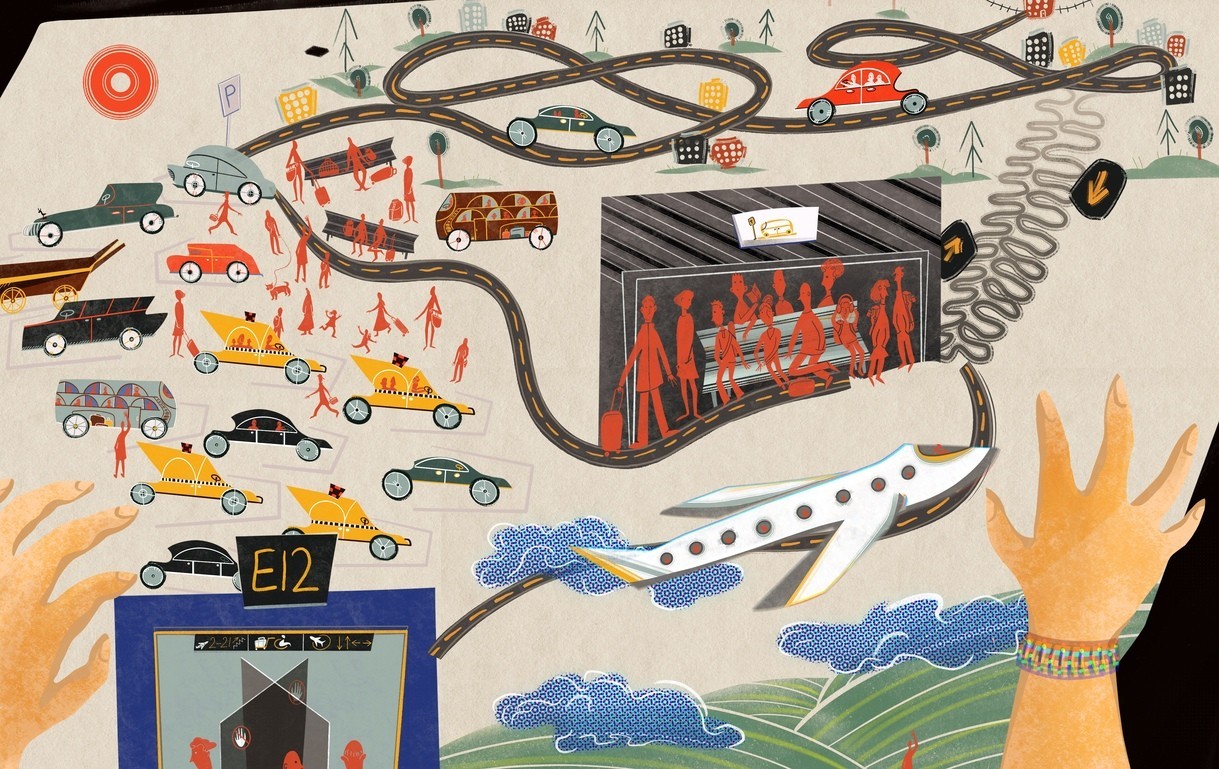 Map scroll illustration drawn by kid's hand that shows crowds of people, a plane , roads, cars, trees, benches, and the airport gate