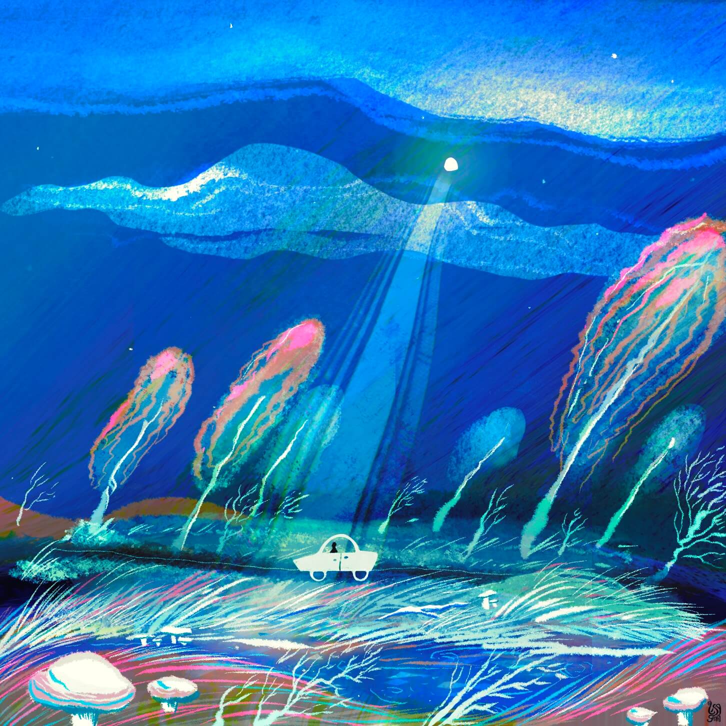 Travel postcard illustration of a blue shimmering night road home through the pinkish and green forest with moon rays guiding the car