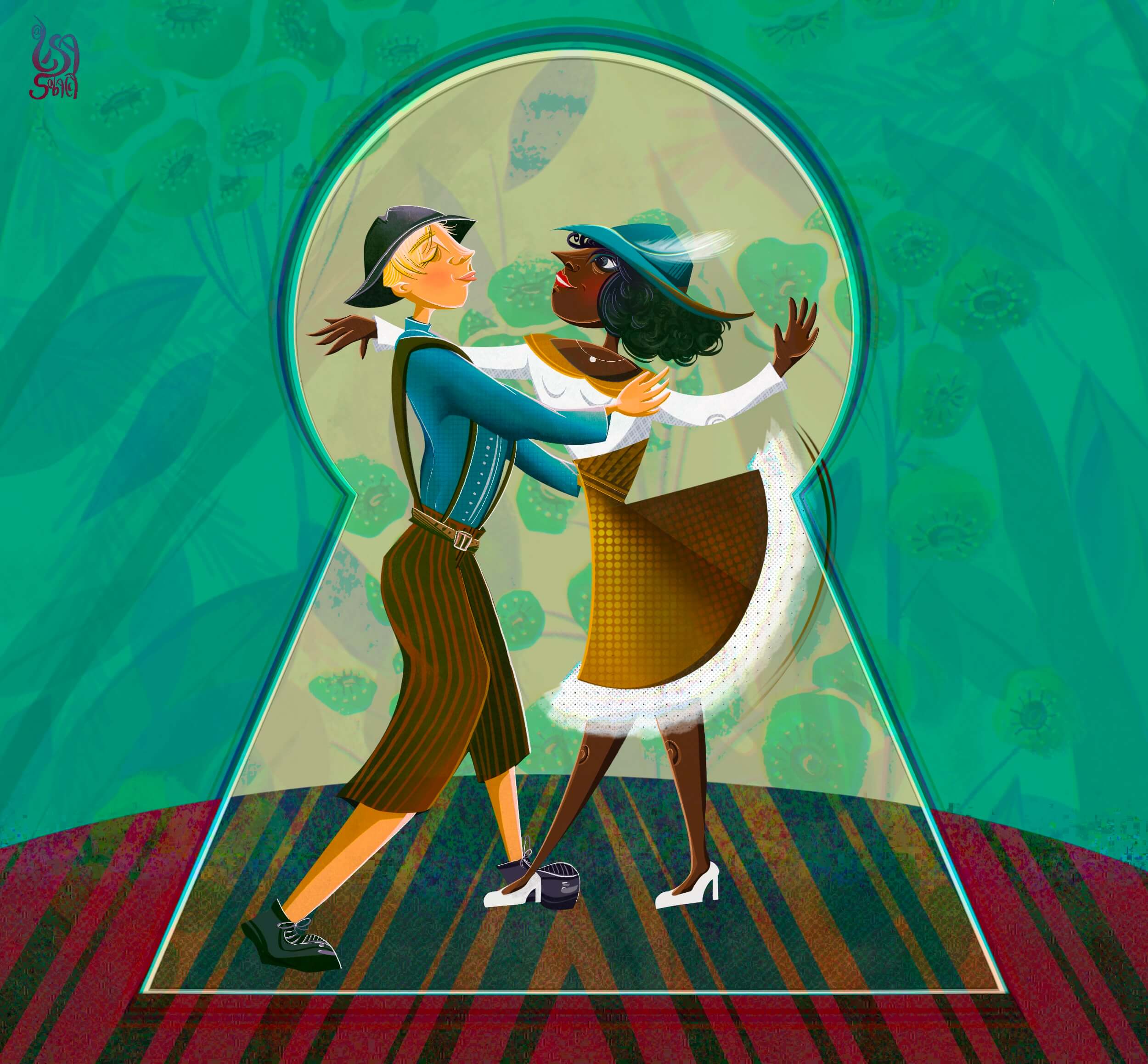 fun jazz age 2d digital illustration, Peeking through a keyhole on a dancing couple listening to jazz music