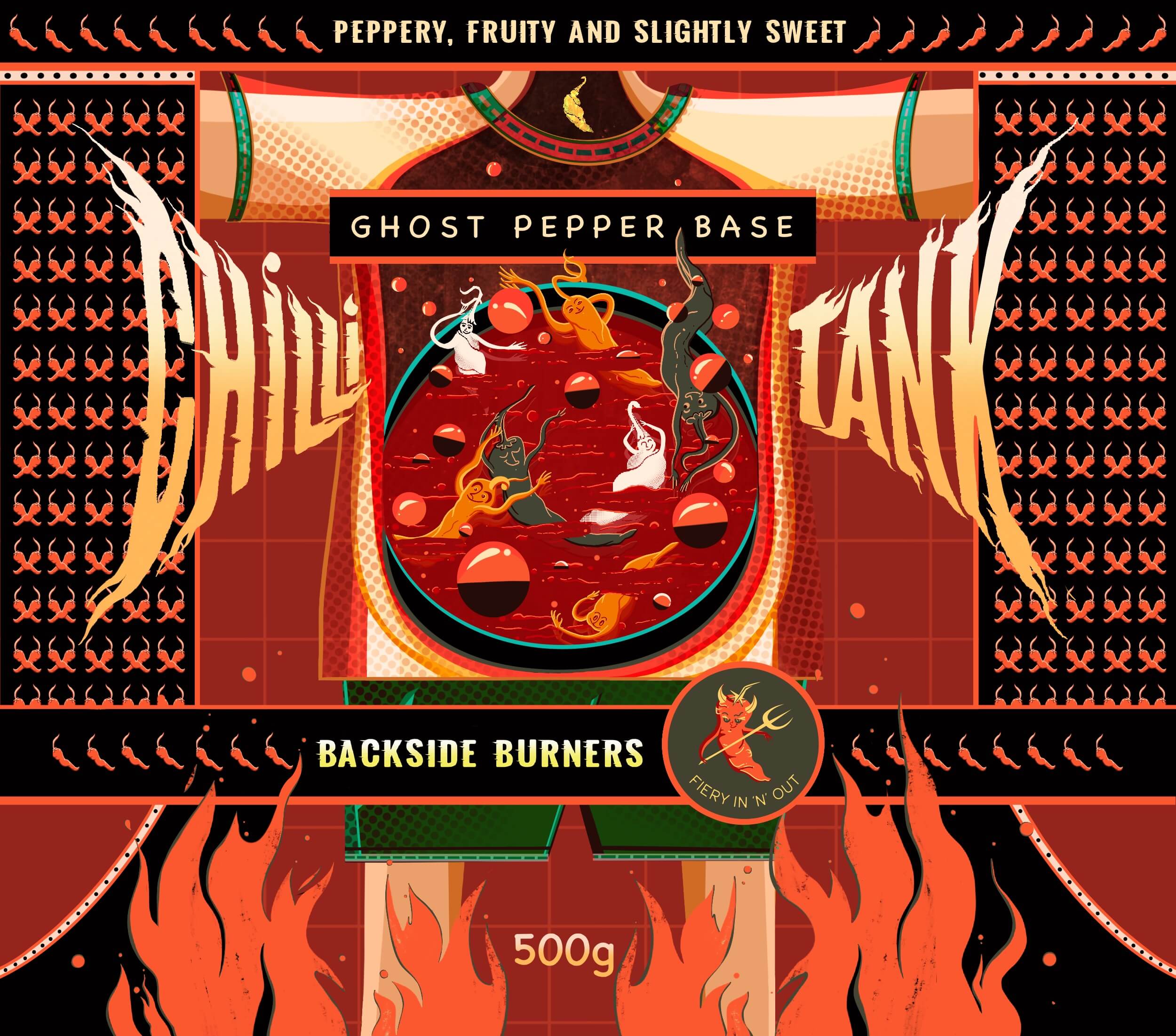 Different hot peppers boiling in the lava cauldron in the X-rayed stomach hot sauce packaging design