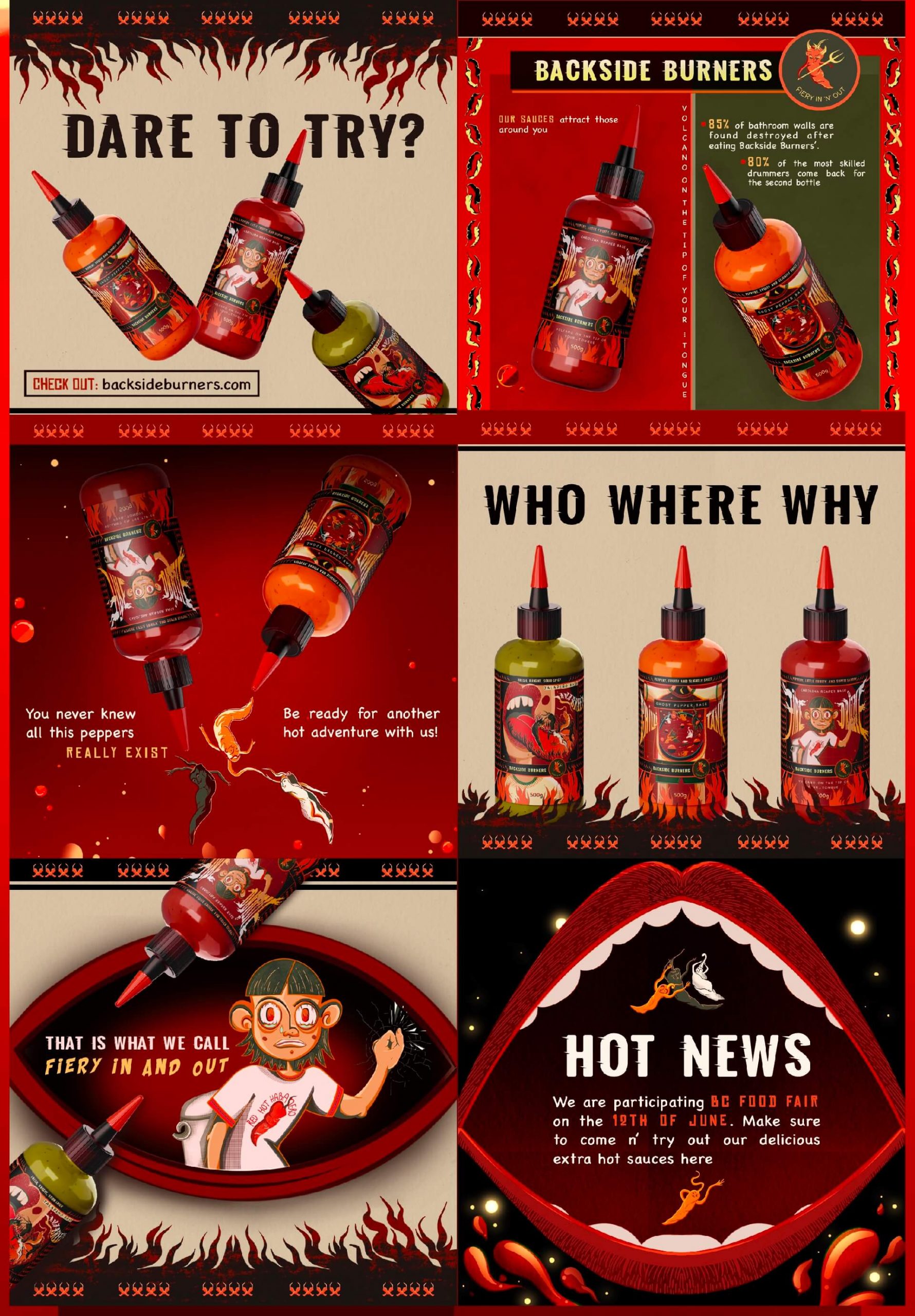 Social media posts designs for hot sauce brand Backside Burners