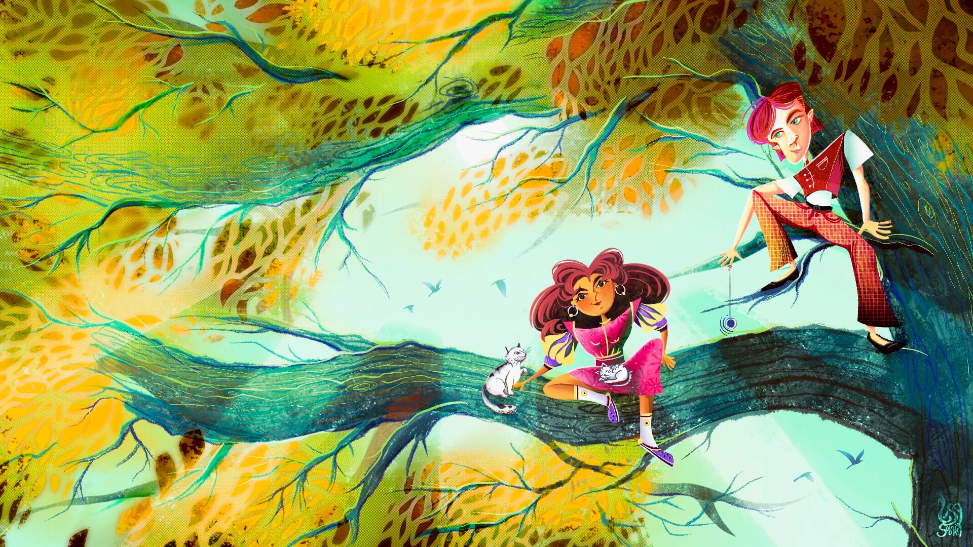 Kids illustration of boy and girl friends hanging out on a oak huge tree with white kitten and his mom on Sunny Sunday