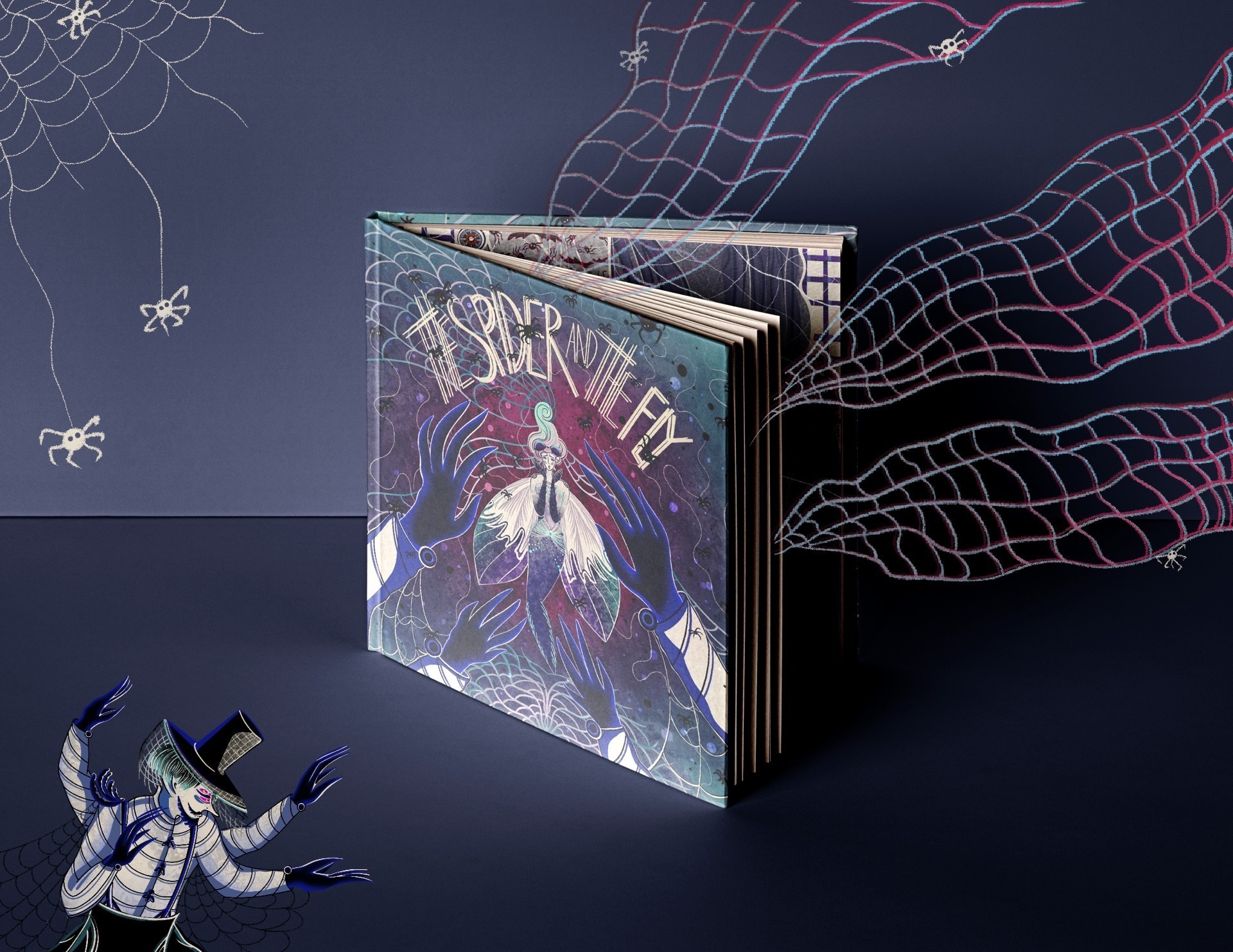 kids book hardcover design, The Spider in classy outfit luring in the charming delicate Fly character
