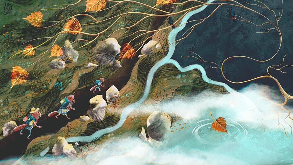 Picture book illustration of a Beaver family of 3 exploring new valley's beauty, an autumn adventure illustration