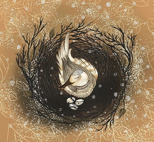Cream white cute little bird wearing the crown in the nest with eggs