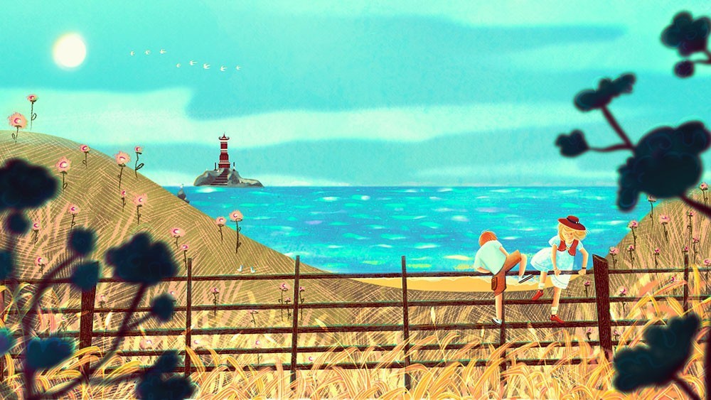Thumbnail Ginder boy and blonde girl summer holidays jumping from fence in seaside countryside