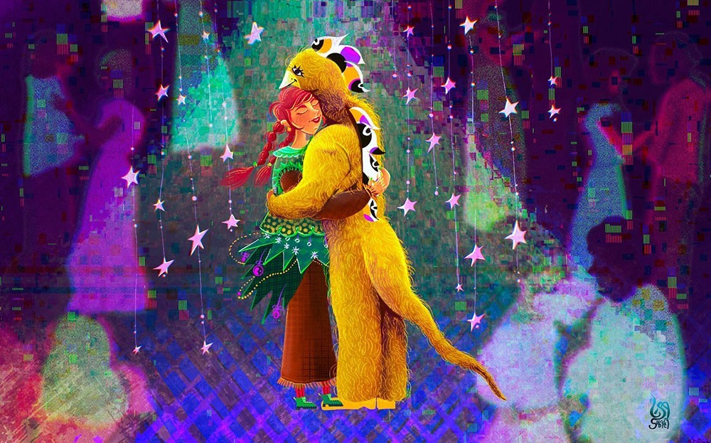 Christmas dance illustration of redhead tall girl in Christmas Tree costume hugging a Dragon on School Winter Ball thumbnail for web