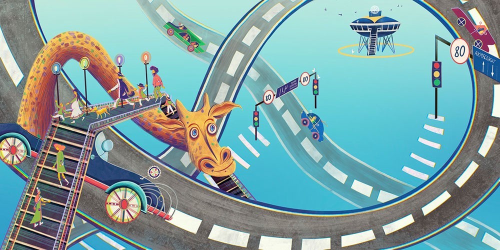 Thumbnail photo for web Cute whimsical illustration of a giraffe riding a car as colorful crowd of people go by