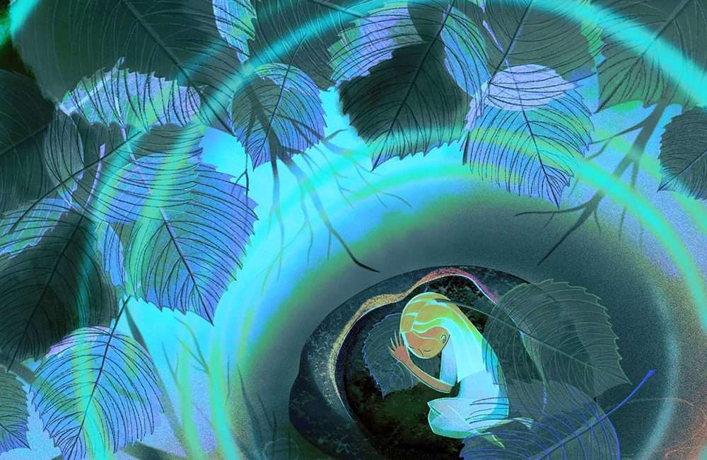 kidlit illustration of a little sleeping blonde faity girl in white dress sleeps in the pond under the rock