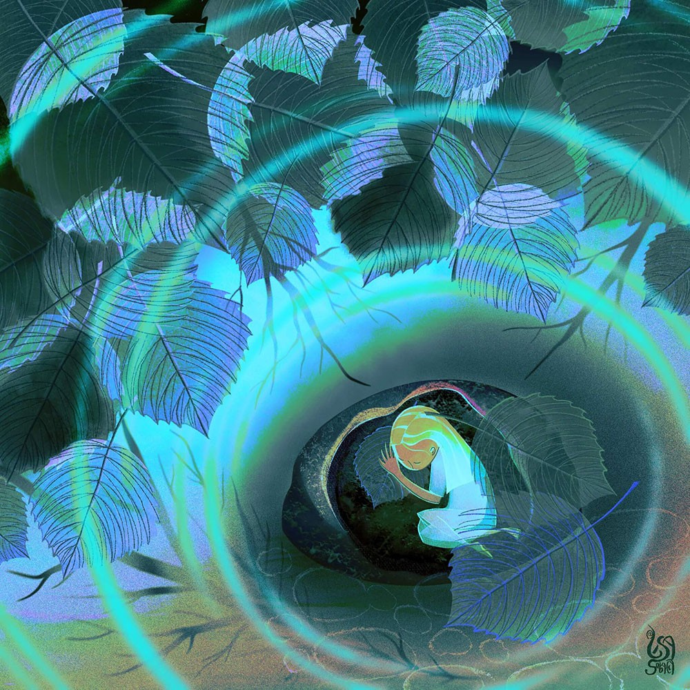 kidlit illustration of a little sleeping blonde faity girl in white dress sleeps in the pond under the rock