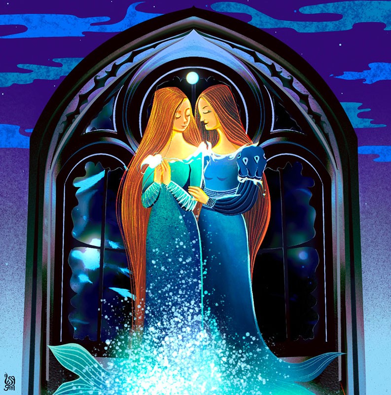 Artwork that shows the redhead mother and her daughter turning into mermaids behind the gothic window