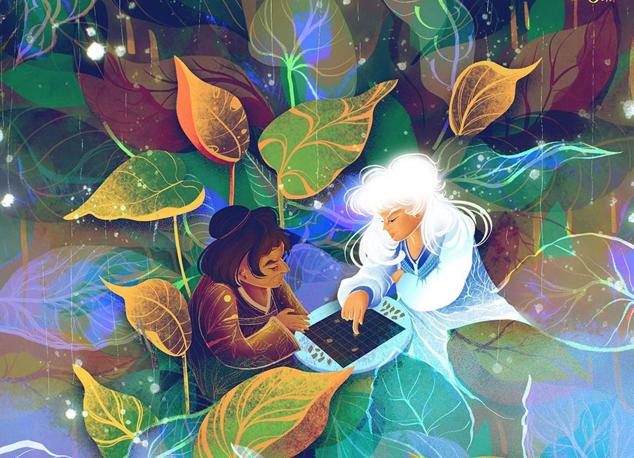 Two men in Asian clothes playing checkers as Autumn changes to winter emotional kidlit illustration