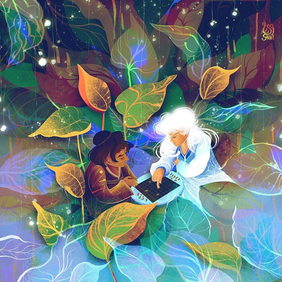 Two men in Asian clothes playing checkers as Autumn changes to winter emotional kidlit illustration