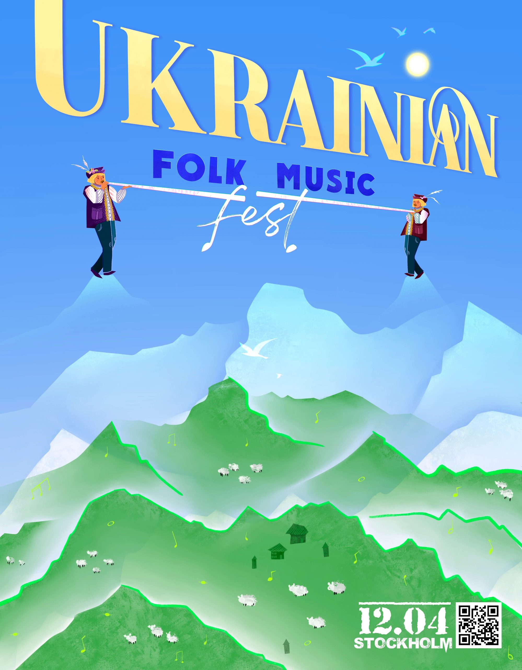 Ukrainian illustrative folk music festival poster design with men playing on trembita in the mountains