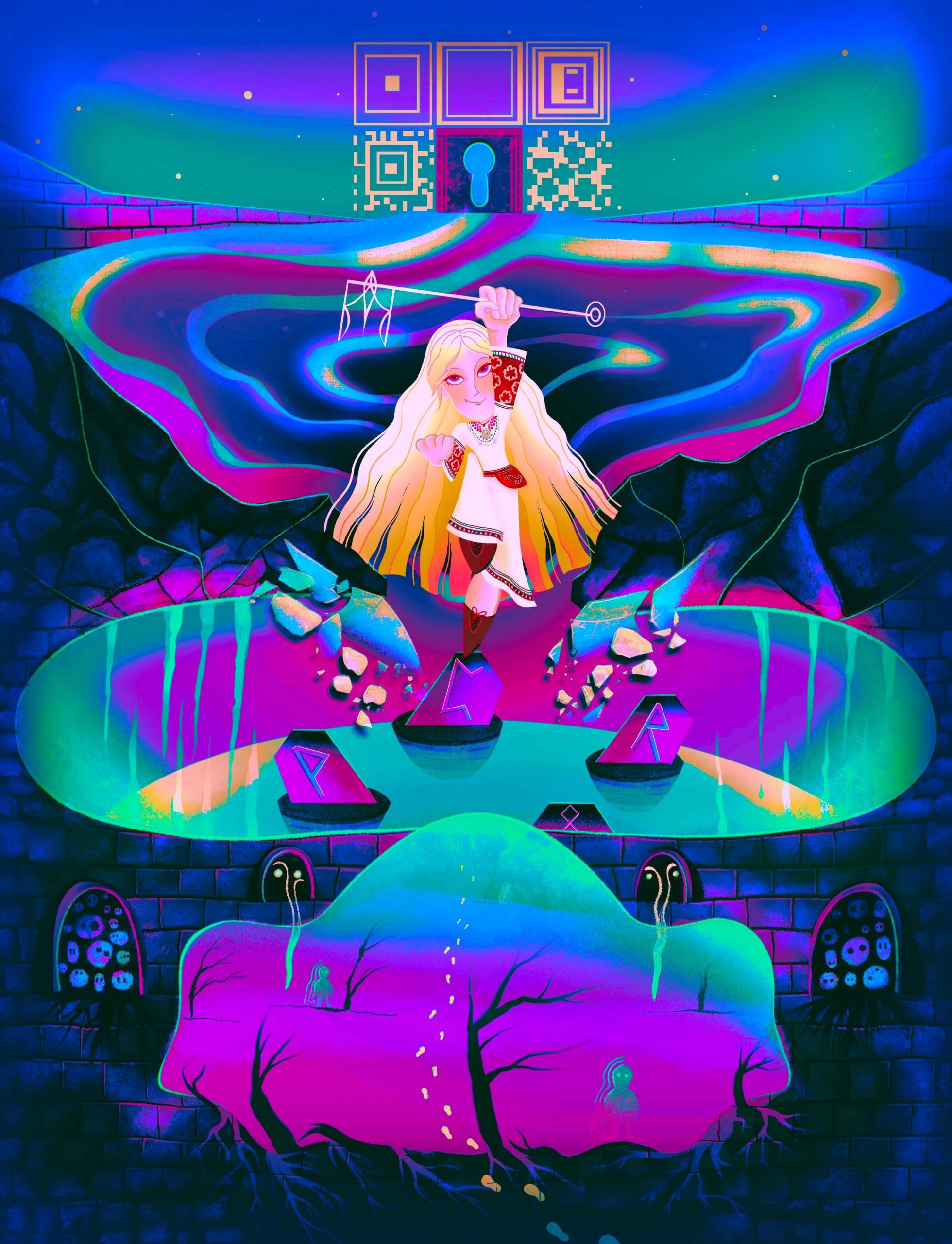 Illustration for Swedish game industry report Dataspelsbranschen of a Ukrainian girl character with trident key