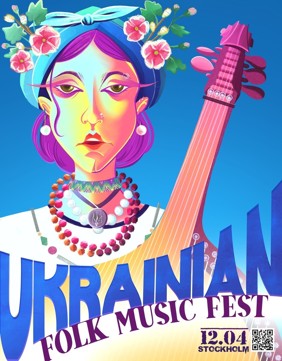 music festival poster design with modern Ukrainian woman with bandura wearing a flower wreath and a lot of traditional necklaces