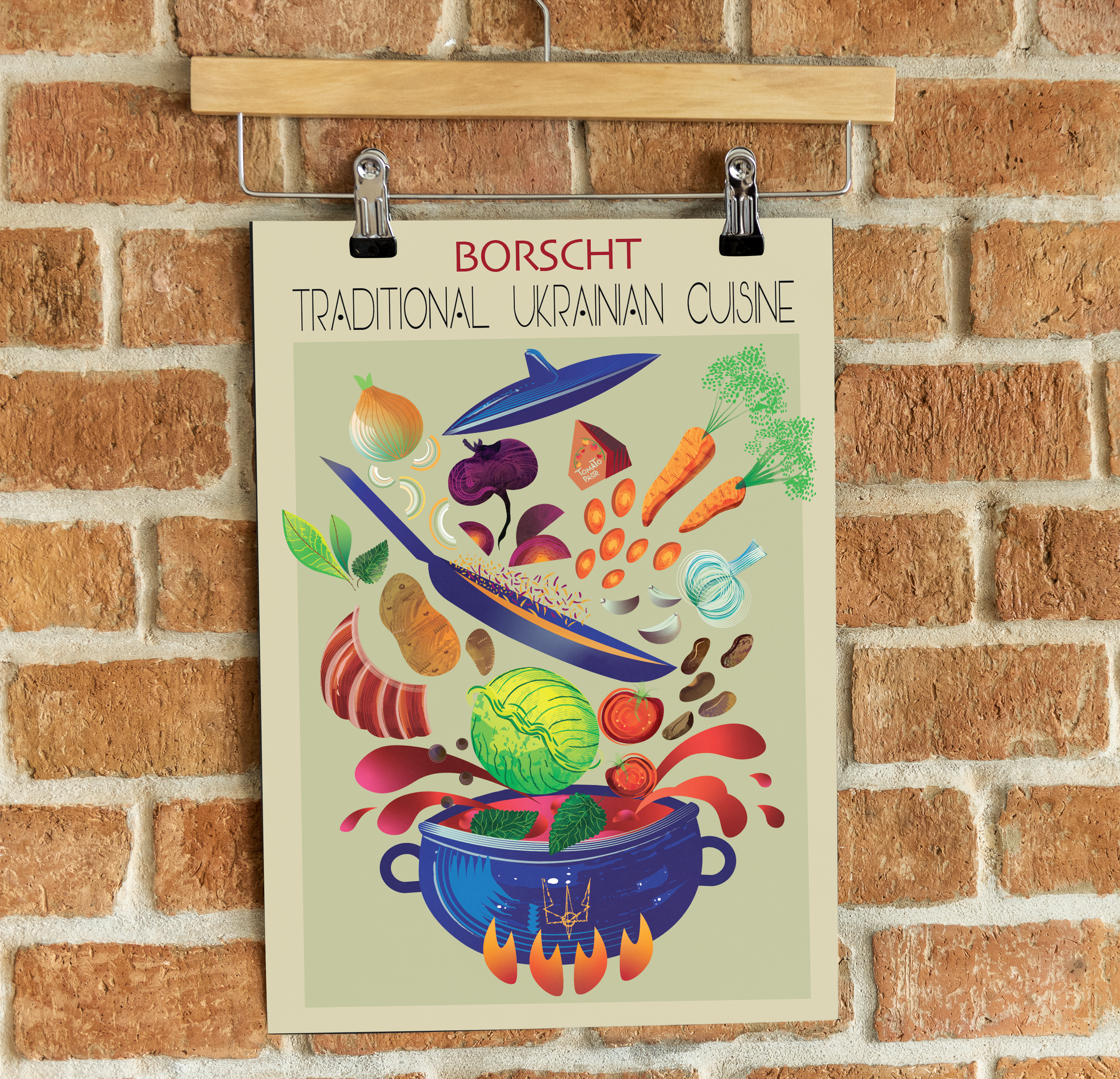Vegetables jumping in a blue pot to make Borshch traditional Ukrainian beet soup food poster design