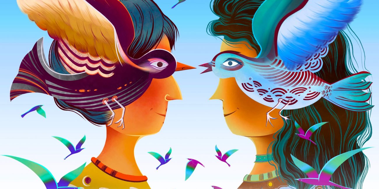 two birdwatchers characters with colorful birds flying in front of their faces