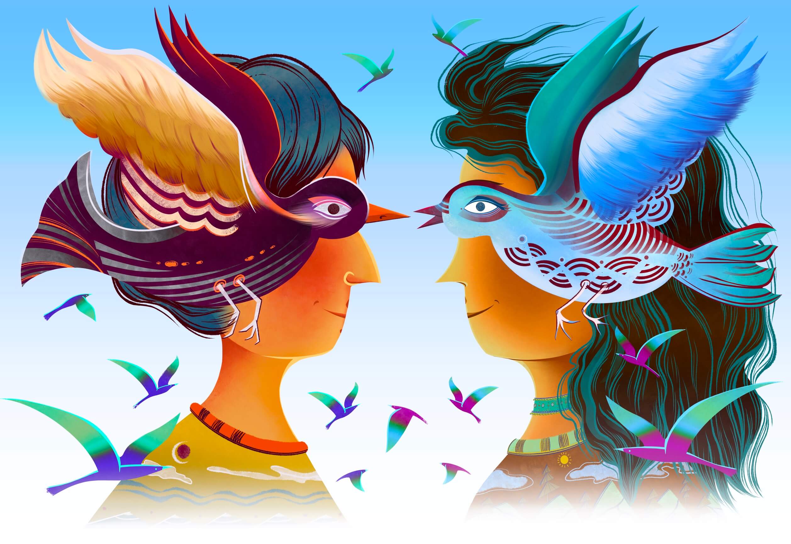 two birdwatchers characters with colorful birds flying in front of their faces
