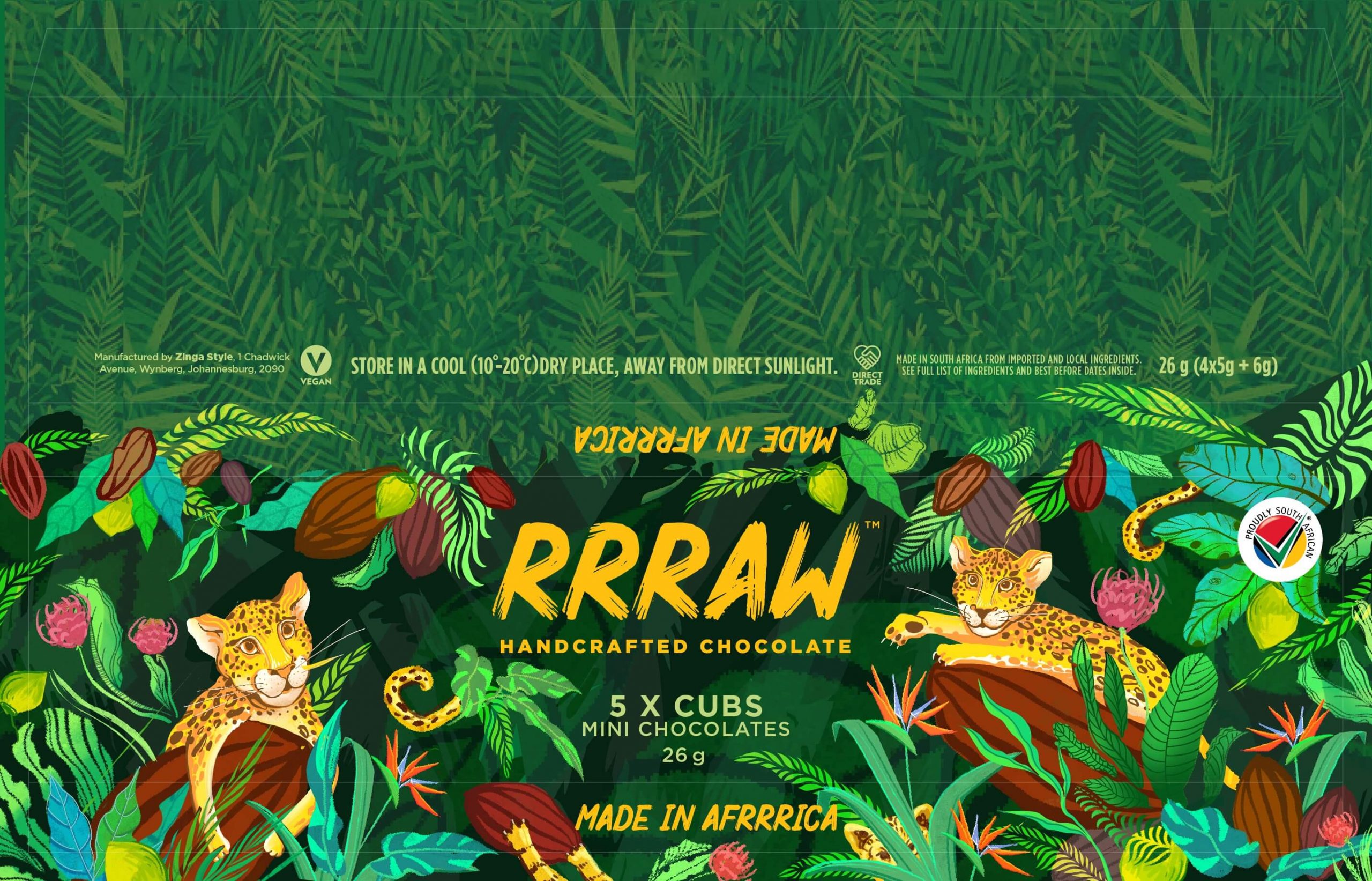 RRRAW leopard cubs hugging cocoa beans in lush jungles chocolate bar packaging design