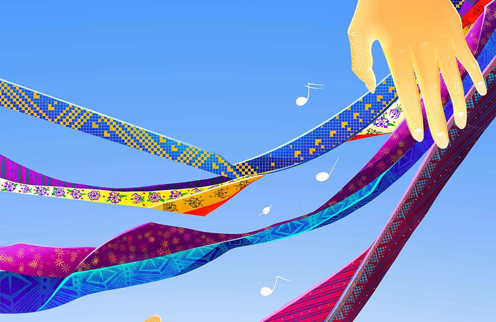 thumb for web Hands softly touching colorful embroidered stripes that make sounds poster design