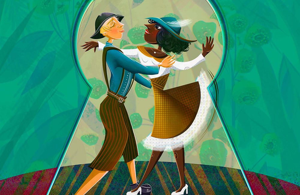 thumbnail for web Peeking through a keyhole on a dancing couple listening to jazz music fun illustration