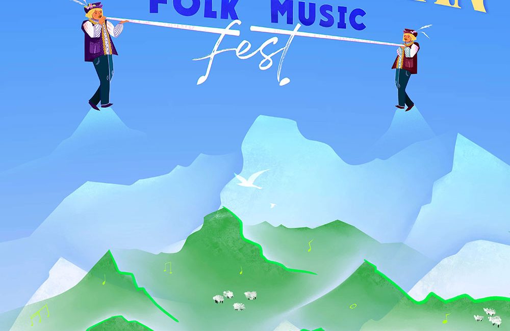 thumb Ukrainian folk music festival poster design with men playing on trembita in the mountains