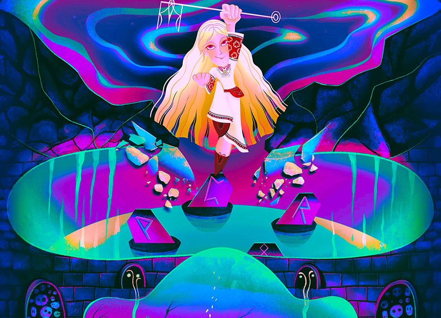 thumb for web Ukrainian girl character with trident key breaks the wall to reach the next level and open the door adventure illustration