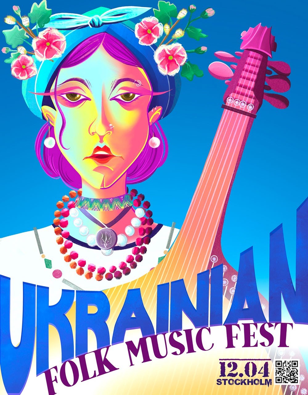 thumb for web Ukrainian music festival poster design with modern looking Ukrainian woman with bandura wearing a flower wreath