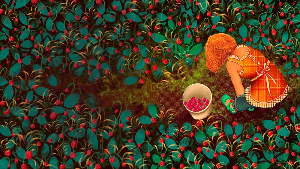 thumb for web little ginger girl in cute children clothes in the strawberry field kidlit illustration
