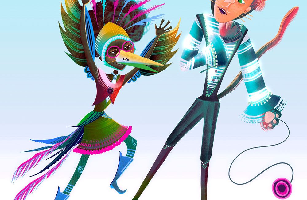 Theatre kids children's book characters of a redhead tall boy in the grey cat costume who gets scared of his short friend with black bushy hair in the paradise bird costume with colorful feathers sticking from her hair and tail thumbnail for web