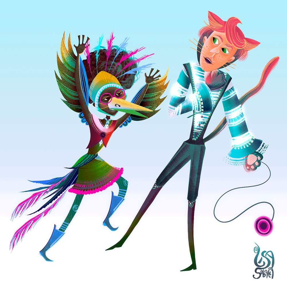 Theatre kids children's book characters of a redhead tall boy in the grey cat costume who gets scared of his short friend with black bushy hair in the paradise bird costume with colorful feathers sticking from her hair and tail thumbnail for web