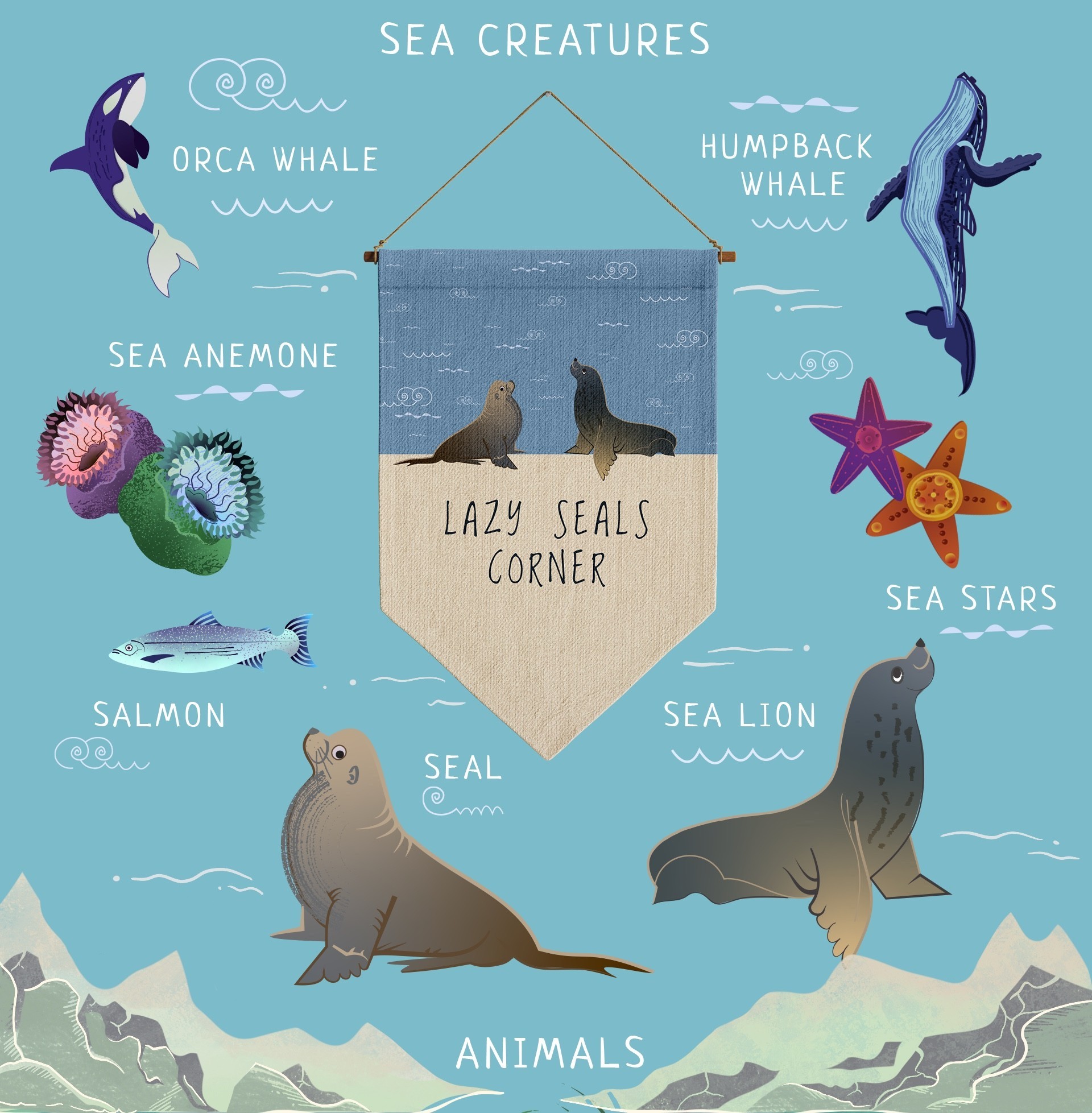 Vancouver Island wall decor with ocean creatures with seal and sea lion and algae, orca whale, humpback whale, salmon, and sea stars on the background