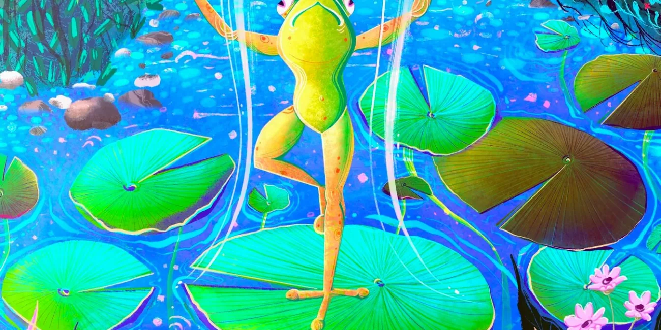 A vivid green yogi frog holding two tadpoles in the pond garden wall art design