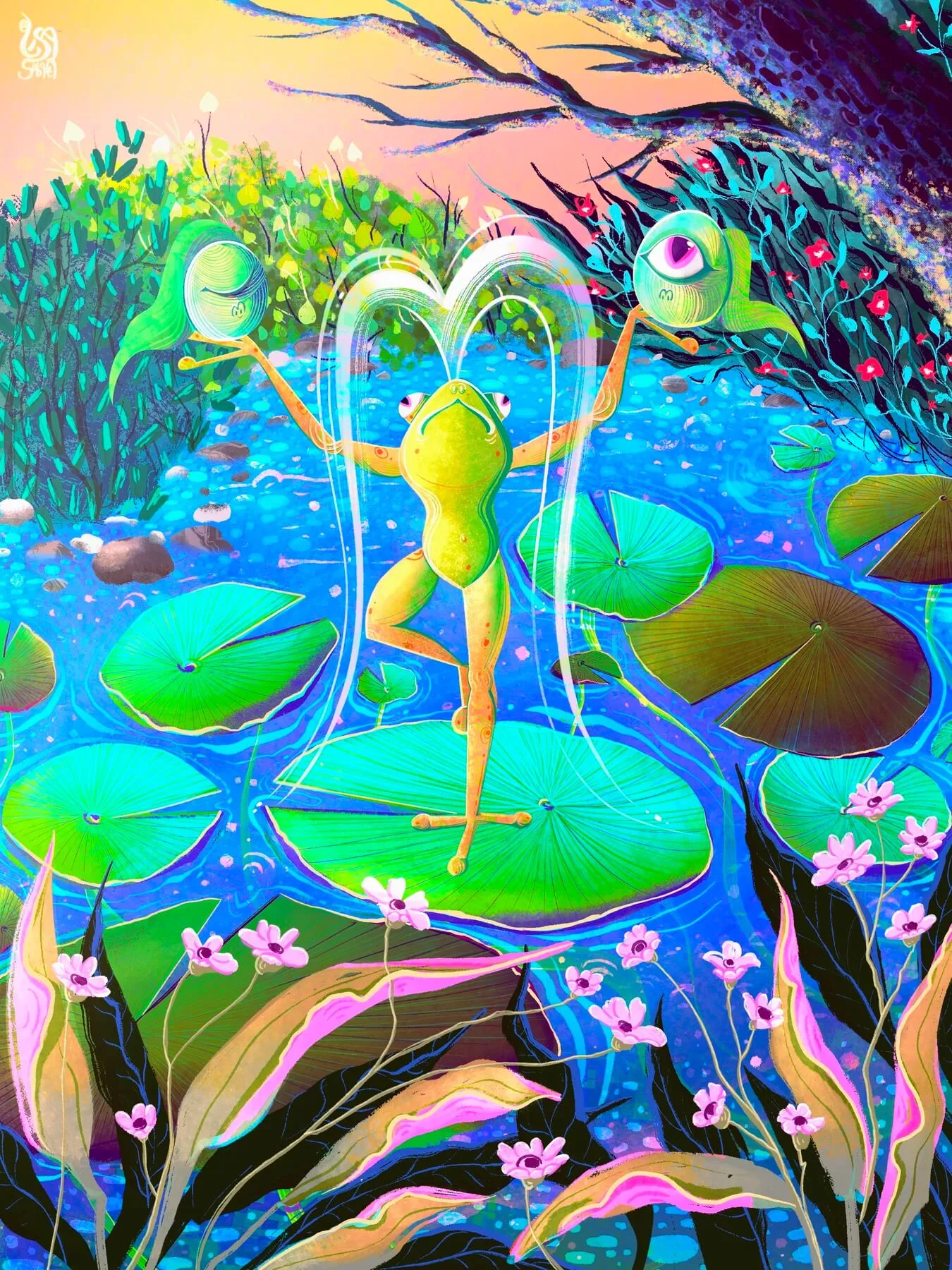 A vivid green yogi frog holding two tadpoles in the pond garden wall art design