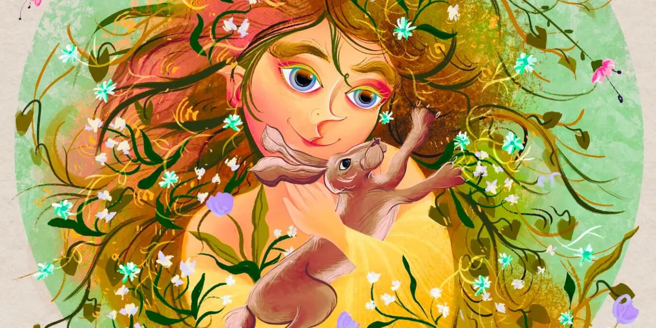 Goddess Ostara a spring deity in a flower wreath with a brown Easter bunny in her arms