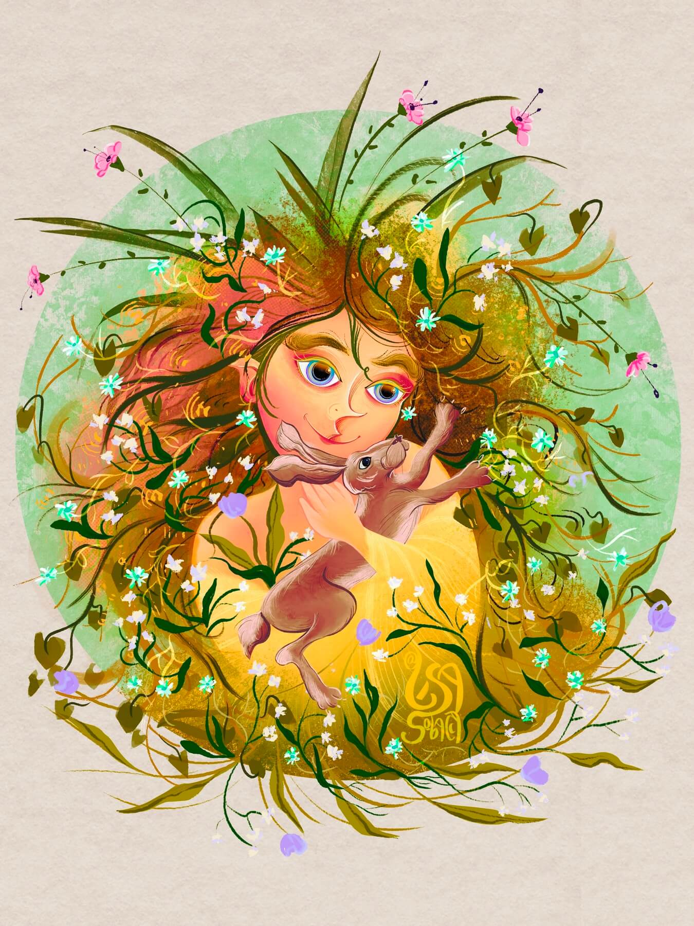 Goddess Ostara a spring deity in a flower wreath with a brown Easter bunny in her arms