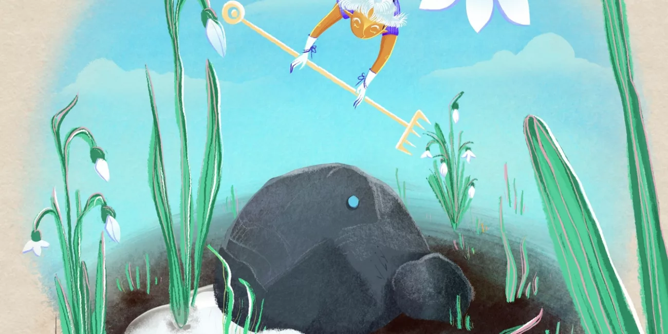 Cute Pixie the gardener tending to the field of snowdrops that arise from the snow childrens book illustration